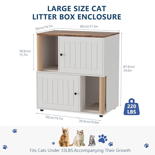 Double Cat Litter Box Enclosure Furniture for 2 Cats – 2-Tier Modern Farmhouse Cabinet, Mark Post, Odor Control, Hidden Washroom, Litter Mats, Dog-Proof Storage, End Table – Slotted Door White