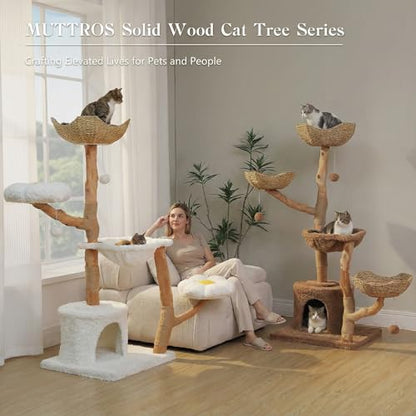 MUTTROS 59" Modern Cat Tree Tower for Large Cats w/2 Flower Perches-Natural Solid Wood Scratching Post with Real Branch-Luxury Boho Cat Furniture w/Condo & Wicker Basket Bed, Cloud White - color: Cloud White, size: 59" Solid Wood Cat Tree