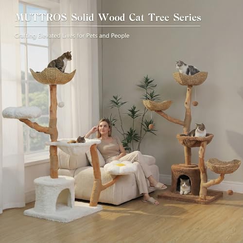 MUTTROS 59" Cat Tree Tower with Real Solid Wood Natural Branch, Modern Cat Tree for Large Cats w/3 Handwoven Wicker Baskets- Luxury Boho Cat Furniture w/Condo & Soft Hammock, Scratching Post, Brown - color: Brown, size: 59" Solid Wood Cat Tree
