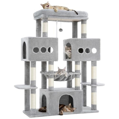 Hey-brother Cat Tree Tower, Large Sisal Scratching Posts with Big Platform, 3 Spacious Condos, Plush Hammock, Toy, 57.5 Inches Multi-Level Furniture for Indoor Adults Maine Coon, Light Gray MPJ083W - color: Light Gray