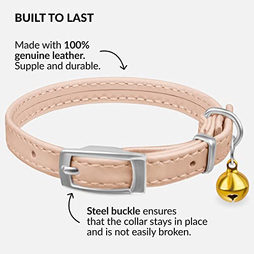 CollarDirect Leather Cat Collar with Removable Bell – Safety Elastic Strap (Breakaway Alternative) – Kitten Collar for Small & Big Boy & Girl Cats - color: Beige, size: 8-11 Inch