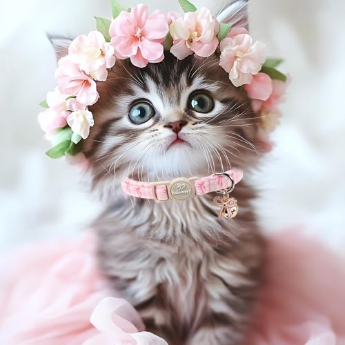 2 Pack Pink Cat Collars - Spring Summer Breakaway Cat Collar with Bell, Bow and Flower Pendant, Adjustable Kitten Collars for Girl Cats, Cute Pink Plaid &Bow - color: Pink Plaid &Bow