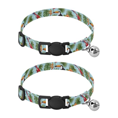 Tropical Jungle Birds Palm Leaves Cats Collar 2 Pack Comfortable Cat Collar Adjustable Length 10.6" to 17.1" - color: Tropical Jungle Birds Palm Leaves