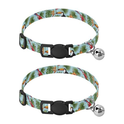 Tropical Jungle Birds Palm Leaves Cats Collar 2 Pack Comfortable Cat Collar Adjustable Length 10.6" to 17.1" - color: Tropical Jungle Birds Palm Leaves