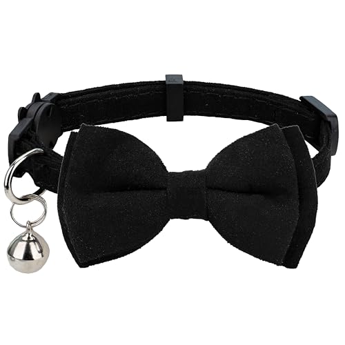 Cat Collar with Bow Tie Bell Breakaway Kitten Small Pet Safety Solid Wedding Basic Pure Color Suede Soft Adjustable [1pc] Black - color: [1pc] Black