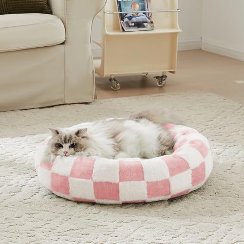 Ohocut Checkered Cat Dog Bed, Cute Girly Pink Retro Style Aesthetic Round Warming Pet Calming Beds for Small Dog and Cats, Plush Cozy Donut Beds Washable, 23" L x 23" W x 8" Th - color: Pink, size: 23"L x 23"W x 8"Th