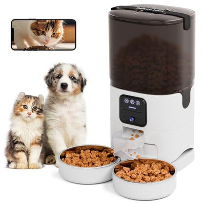 Automatic Cat Feeder 7L Double Bowl Feeder, 1080P HD Camera Live Video, Night Vision 2-Way Audio, WiFi & App Remote Control, Programmable Pet Feeder, Smart Timed Dry Food Dispenser 2 Cats Dogs - size: Double Basin - 7L