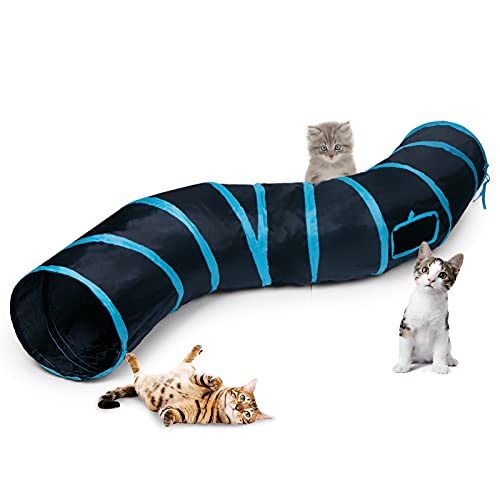 Sheldamy Cat Tunnel, S-2-Way Cat Tunnels for Indoor Cats, Collapsible Cat Play Tunnel, Interactive Toy Maze Cat House with 1 Play Ball for Cats, Puppy, Kitty, Kitten, Rabbit (Blue & Black) - color: S-2 Way Black & Blue