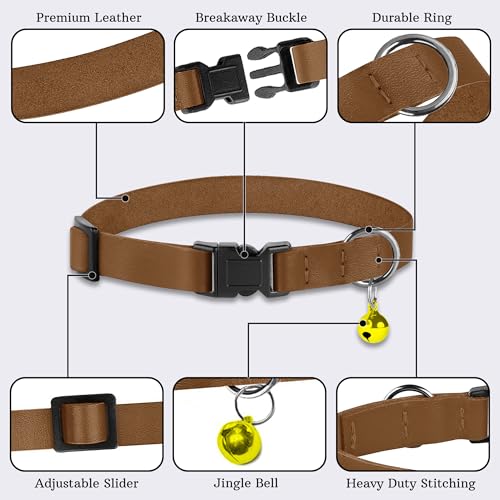 Breakaway Cat Collar with Bell - Leather Adjustable Kitten Collars with Safety Quick Release Buckle - Soft Small Pet Collars for Girl & Boy Cats (Brown) - color: Brown