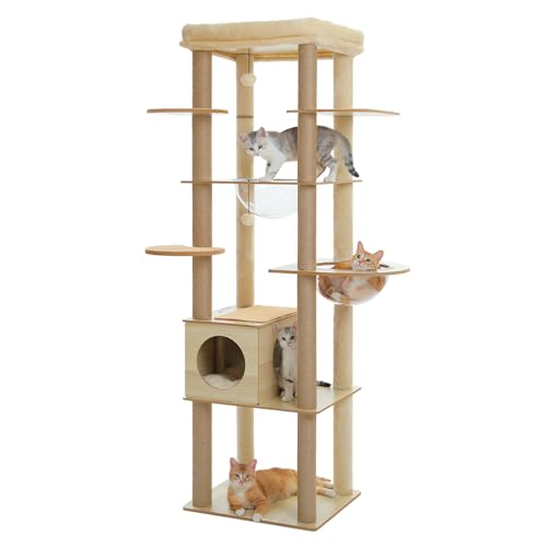 PEQULTI 71'' Cat Tree, Tall Wood Cat Tower for Indoor Cats with 2 Acrylic Cat Hammock, Multi-Level Activity Trees with Scratching Posts, Condo House and Large Top Perch for Large Cats, Beige - color: Beige, size: 72''