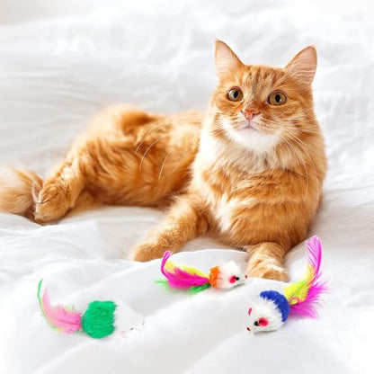 Cat Mouse Toys 12 Pcs Rattle Mice for Indoor Cats Furry Feather Fake Mouse Kitten Interactive Play Squeaky Fur Mice Cat Toy Funny Kitty Tracking Game with Rattling Sounds