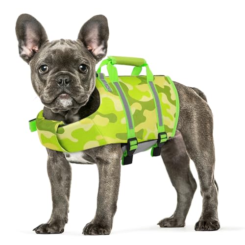 Queenmore Dog Life Jacket, Dog Life Vest for Swimming, Adjustable Reflective Pet Lifepreserver with Rescue Handle, High Buoyancy Puppy Life Vest for Boating, Cat Lifesaver (GreenCamo, XS) - color: GreenCamo, size: X-Small