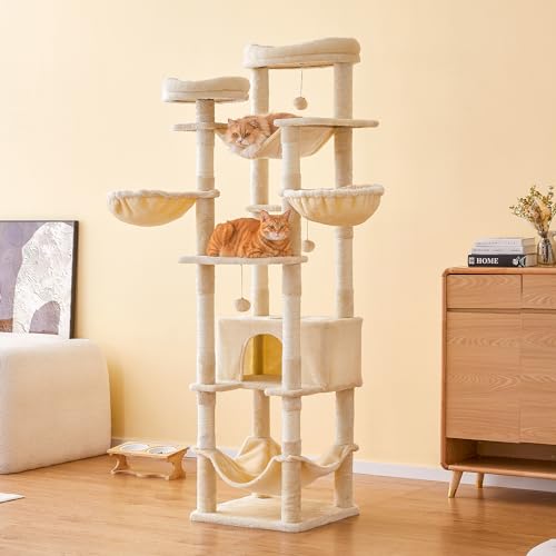 77-Inch Tall Cat Tree, Multi-Level Large Cat Tower with 4 Hammocks, 2 Padded Perches, Cat Condo, Sisal Scratching Posts and Hanging Toys for Adult Cats, Beige - color: Beige, size: XXL (19.7 x 19.7 x 77 Inches)