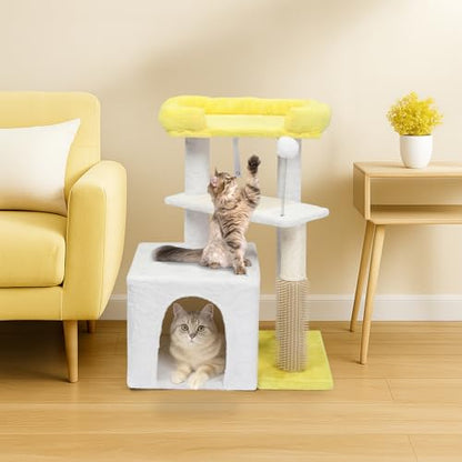 Outvita Cat Tree 27.5in Small Cat Tower, Multi-Level Cat Tree Tower with Cat Scratching Post and Pad, Cozy Cat Condo, Padded Top Bed for Kittens and Indoor Cats, Yellow & White - size: 27.5" Yellow & White