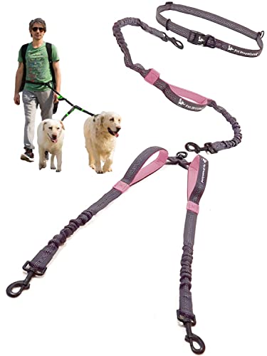 Exquisite Hands Free Dual Dog Leash for Large Dogs. Trending Waist Leash for Walking 2 Dogs No Tangle. You Will Absolutely Love This Amazing Double Dog Gear (Dark Grey & Pink) - color: Dark Grey & Pink