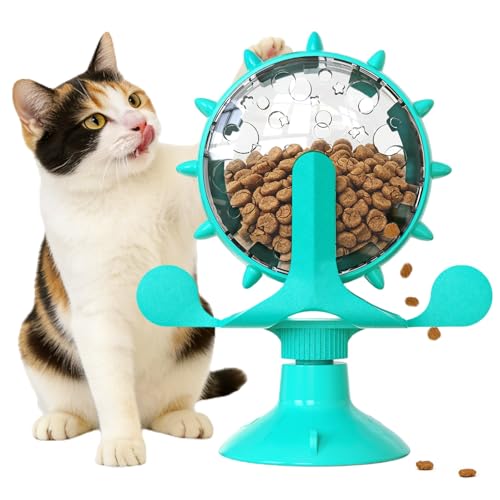 Cat Food Treat Dispenser Toy Interactive with 360°Rotating Windmill Suction Cup for Indoor Cats, Kittens & Small Dogs Slow Feeder Snack Exercise & Distribution Wheel Toy - color: Blue- Pinwheel, size: Pinwheel