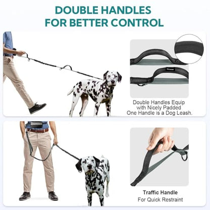 Hands Free Dog Leash with Pouch, Dual Attachment for Two Dogs, Retractable Bungee with Double Padded Handles, Waist-Mounted for Running,Walking, Jogging Friendly Dog Accessories (Black/Mint Green) - color: Black/Blue