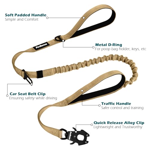 Heavy Duty Tactical Dog Leash, 5 FT Bungee Shock Absorption Leash with 2 Padded Handles, Quick Release Metal Clip, Car Seatbelt, No Pull Training Lead for Large Medium Dogs（Khaki） - color: Khaki