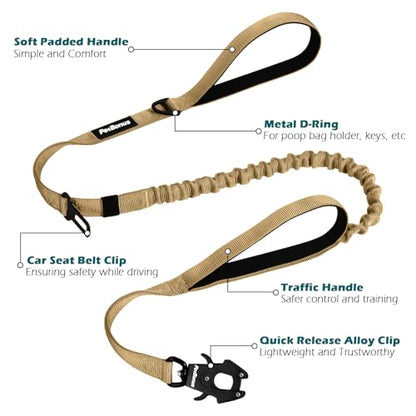 Heavy Duty Tactical Dog Leash, 5 FT Bungee Shock Absorption Leash with 2 Padded Handles, Quick Release Metal Clip, Car Seatbelt, No Pull Training Lead for Large Medium Dogs（Khaki） - color: Khaki