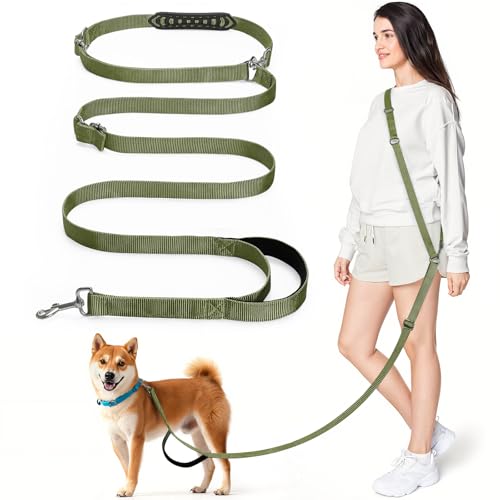 Hands Free Dog Leash, 8.5ft Adjustable Hands Free Leash for Medium Dogs, Versatile Handheld Crossbody Waist Lead with 3 Rings, Easy Adjust for Running Jogging Walking, Sponge Handle, Army Green - color: Army Green, size: 8.5ft