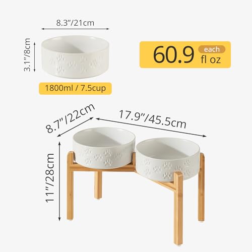 Elevated Ceramic Dog Bowls, 8.3" Dog Dishes with Stand, Elevated Food & Water Bowls for Large Breed Dogs, 2 Non-Slip Feeding Bowls, Microwave Safe (Double Bowls + Stand - White, 8 inch) - color: Double Bowls + Stand - White, size: L - 8.3 Inch