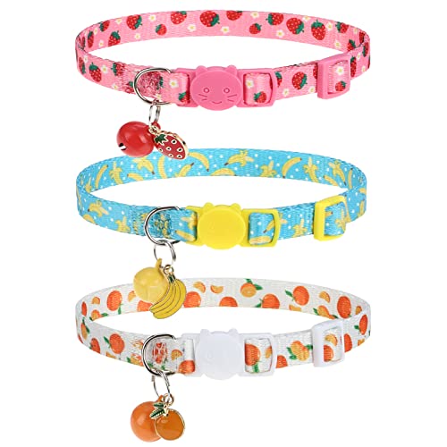 Breakaway Cat Collars with Bell & Cute Pendants, 3 Pack Safety Buckle Kitten Collars, Adjustable Pet Collar Ideal for Girl Boy Cats Puppy (Fruit Pattern) - color: Style A - Fruit