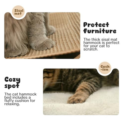 Cat Hammock Bed, Wooden Elevated Cat Beds with Natural Sisal Scratching Mat, Cats Scratcher Bed with Removable Soft Cushion, Cats Scratching Beds with Wood Frames, 22" L x 17.7" W - color: Natural Wood