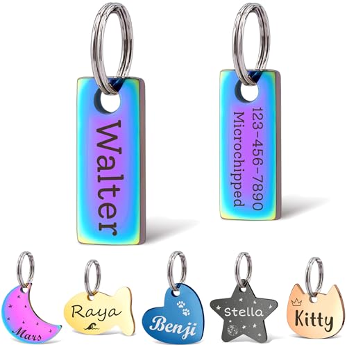 Anavia Small Size Dog Cat ID Tags, Small/XS Personalized Color Plated Stainless Steel Puppy Kitten Name Tags, Customized Engraved Nameplate Pet Collar Tag (Rainbow, XS-Rectangle) - color: Rainbow, size: XS-Rectangle