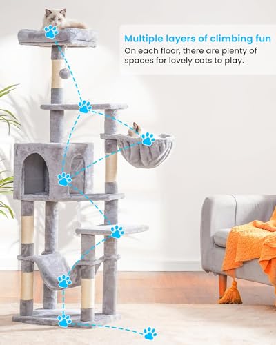 Hey-brother Cat Tree with Large Hammock, Multi-Level Cat Tower for Indoor Cats, Cat Condo with Sisal-Covered Scratching Posts and Top Perch, Light Gray MPJ050W - color: Light Gray