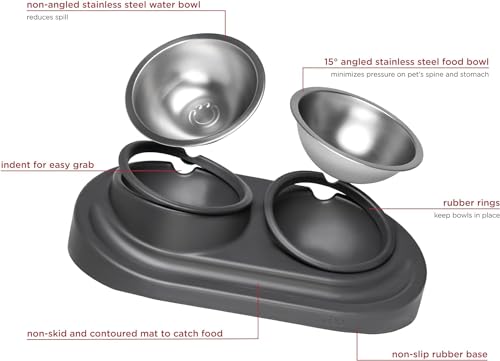 Ubbi Pet Feeding Bowls Set with Non-Slip Mat, Elevated & Flat Stainless Steel Dog or Cat Bowls, Ergonomic 15° Angled Feeder, Dishwasher Safe, Taupe - color: Taupe