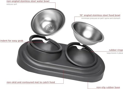 Ubbi Pet Feeding Bowls Set with Non-Slip Mat, Elevated & Flat Stainless Steel Dog or Cat Bowls, Ergonomic 15° Angled Feeder, Dishwasher Safe, Taupe - color: Taupe