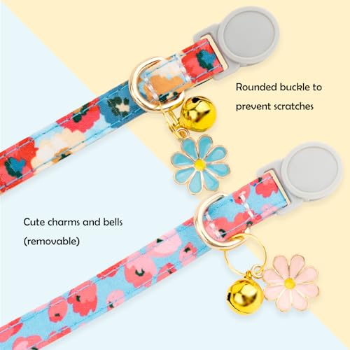Faygarsle 2 Pack Breakaway Cat Collar with Bells for Girl Cats Cute Pink Collar with Flower Charm Floral Girly Spring for Cats - color: Pink&Blue