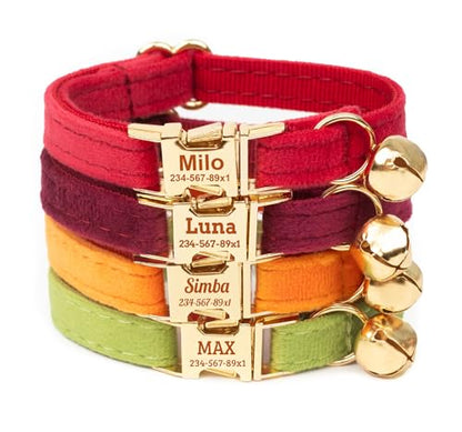 Personalized Soft Velvet Engraved Cat Collar, Custom Name & Phone on Metal Buckle with Bell, Optional Bowtie/Leash/Airtag Holder for Kittens Cats (Light Gold Buckle)