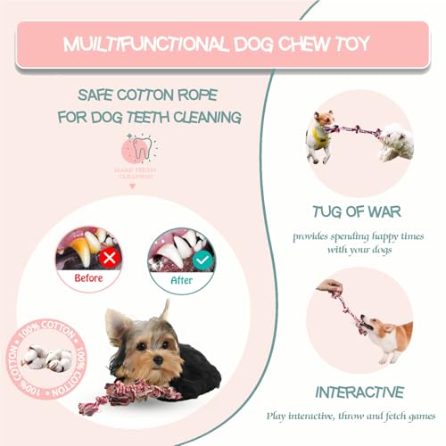 Puppy 3 Pack Cotton Knot Rope Toys for Small Dogs & Puppies, Durable Teething & Tug of War Chew Toy, Safe Interactive Toy for 2-8 Months Pets and High Active Puppy (Pink, Small) - size: Small