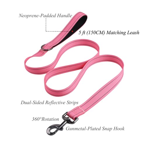 Dog Collar Leash Set, Durable Polyester with Safety Reflective Strips, 5 ft Matching Leash, Neoprene Padded Handle, Adjustable 4 Sizes for Small Medium Large Dogs.(S, Pink) - color: Solid Pink, size: Small