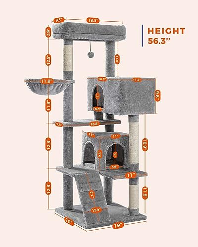 MUTTROS Cat Tree for Large Cats with Super Large Top Perch, 56.3" Cat Tower with Plush Hammock, Dangling Pompom, Cat Scratching Posts and 2 Condos House, Light Grey - color: Grey, size: 56.3inch