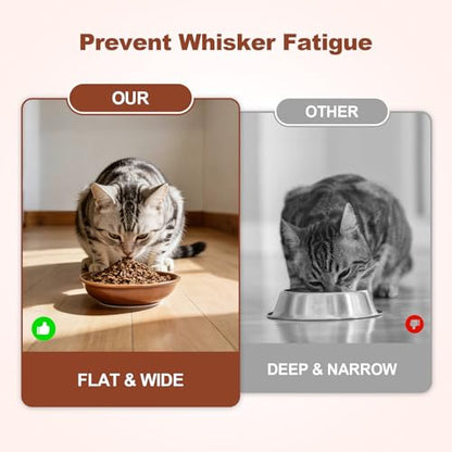 SPUNKYJUNKY Shallow Elevated Cat Bowl with Acacia Wood Stand Wide Raised Ceramic Cat Dishes Whisker Friendly Pet Food and Water Plates (Striped Pattern, Brown) - color: Brown