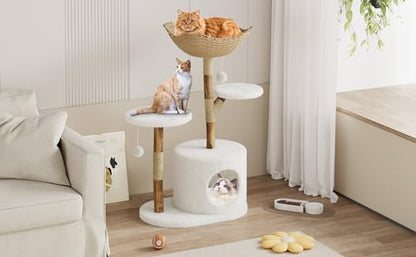 Modern Cat Tree Tower, Natural Solid Wood & Rattan Design with Woven Basket & Condo, Multi-Level Cat Activity Center for Indoor Cats, Aesthetic Pet Furniture - size: XXXX-Large