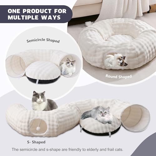 Bubble Cat Tunnel for Indoor Cats, Round Peekaboo Cave Toy with Dangling Balls, Donut Tunnel Bed with Circle Mat for Puppy Kitten Rabbit, Cream White - color: Cream White