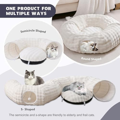 Bubble Cat Tunnel for Indoor Cats, Round Peekaboo Cave Toy with Dangling Balls, Donut Tunnel Bed with Circle Mat for Puppy Kitten Rabbit, Cream White - color: Cream White