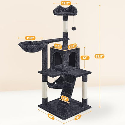 Yaheetech 54in Cat Tree Tower, Multi-Level Activity Center with Scratching Posts, Cozy Condo, Climbing Ladder & Hammock, Pet Play House for Kittens & Small Cats, Black - color: Black