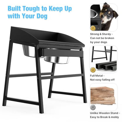 Spill Proof Tilted Elevated Dog Bowls for Large Breed, 15“ Tall Raised Dog Bowl with Stand, Stainless Steel Dog Food Bowl & Water Bowl Set for Indoor & Outdoor Use, Easy Clean Large Dog Bowl Dog Dish
