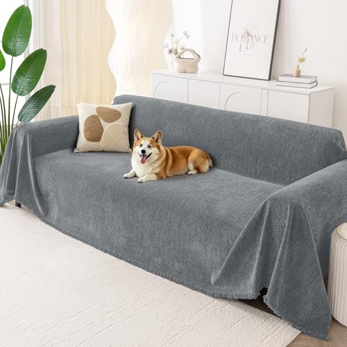 Smiry Couch Cover for Dogs, Washable Chenille Sofa Covers for 3 Cushion Couch, Soft Sofa Slipcover for Pets, Thick Sectional Furniture Protector with Tassels (Grey, 71x91 Inch) - color: Grey, size: 71x91 Inch