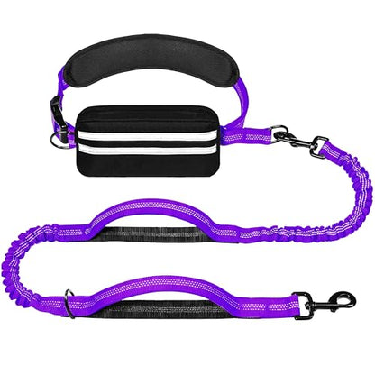 Hands Free Dog Leash with Zipper Pouch, Running Waist Leash for Dog Walking, Adjustable Waist Belt for Large Dogs, Reflective Bungee Design with Two Handle for Hiking, Training, Purple - color: Purple