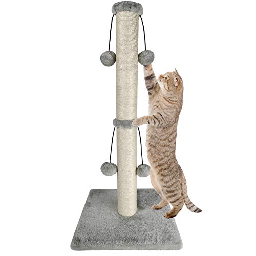 Dimaka 29'' Cat Scratching Post, Natural Sisal Rope Scratcher Post, Kitten Claw Scratch with 4 DanglingToy Balls for Large Cats (Grey) - color: Grey