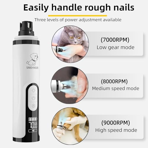 Silent Pet Nail Grinder with Dual LED Lights & 3 Speeds, USB Rechargeable Cordless Pet Nail Trimmer for Dogs and Cats (1 Set + 2*Replacement Heads)