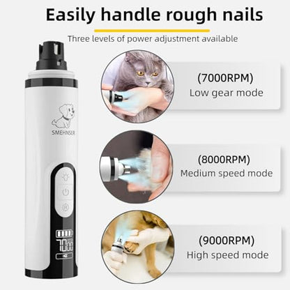 Silent Pet Nail Grinder with Dual LED Lights & 3 Speeds, USB Rechargeable Cordless Pet Nail Trimmer for Dogs and Cats (1 Set + 2*Replacement Heads)