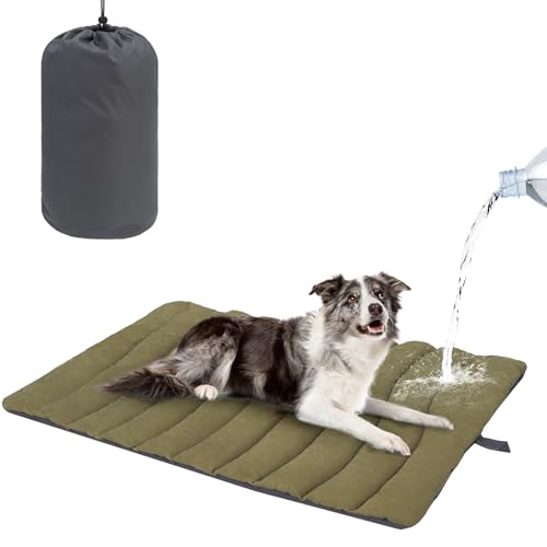 BEAUTYZOO Outdoor Dog Bed Waterproof, Camping Dog Bed Reversible, Portable Travel Bed with Carry Bag- Machine Washable, Durable, Foldable Outdoor Pet Bed Mat for Medium Large Dogs 26” x 43“ Green - color: Army Green, size: 43.0"L x 26.0"W x 2"Th