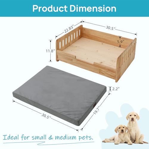 Elevated Dog Bed for Small to Medium Dogs – 32” x 21” Indoor Wooden Pet Sofa with Soft Cushion, Mid-Century Modern Style, Sturdy & Stylish (Natural) - color: Pine Wood