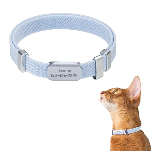 Anti-Choke Elastic Cat Collar and Personalized Name Tag Set, U.S IDA Gold Award Non Breakaway Cat Collar Engraved ID Tag Personalized Cat Collar for Kitten Small Large Cats (Sierra Blue, S) - color: Sierra Blue, size: S